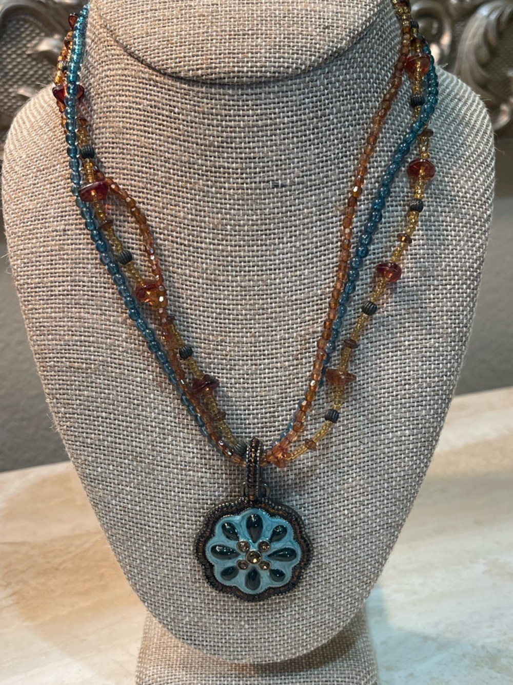 Handcrafted Blue Flower Pendant Multi-Strand Necklace